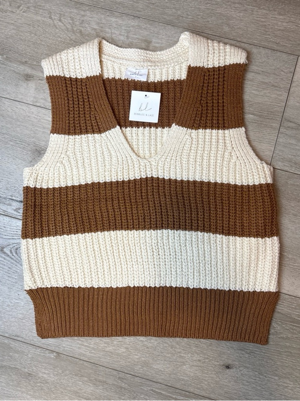 Striped V-Neck Sweater Vest in Cream and Brown
